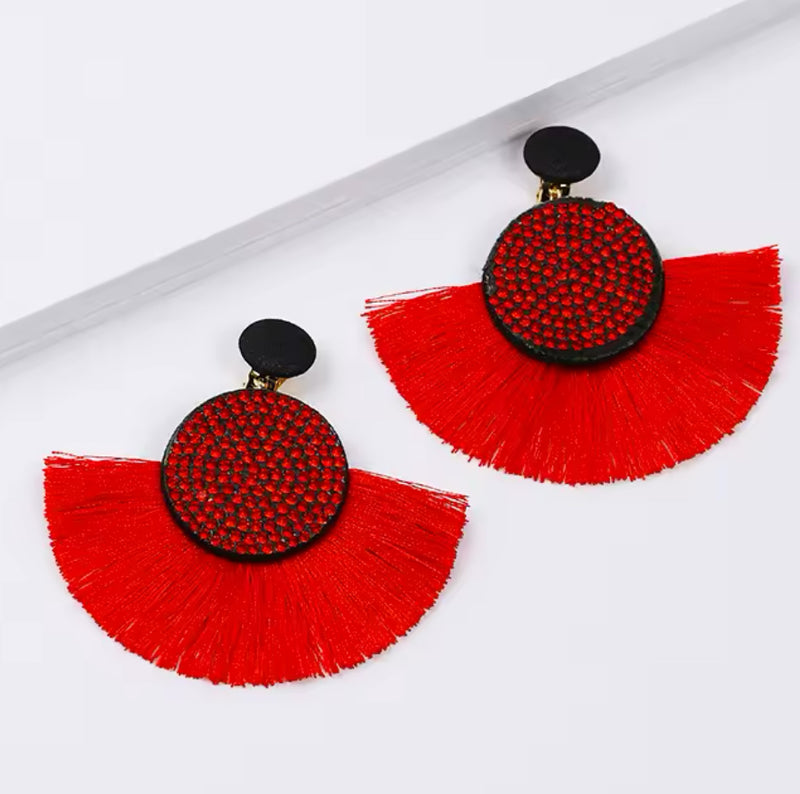 Bohemian 3 1/4" clip on red stones and red thread fan style earrings