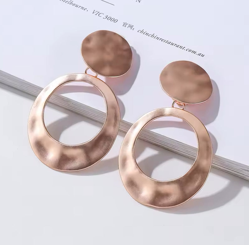 Clip on 3" Xlarge matte rose gold flat hammered hoop earrings