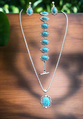 3Pc clip on or pierced turquoise stone necklace set