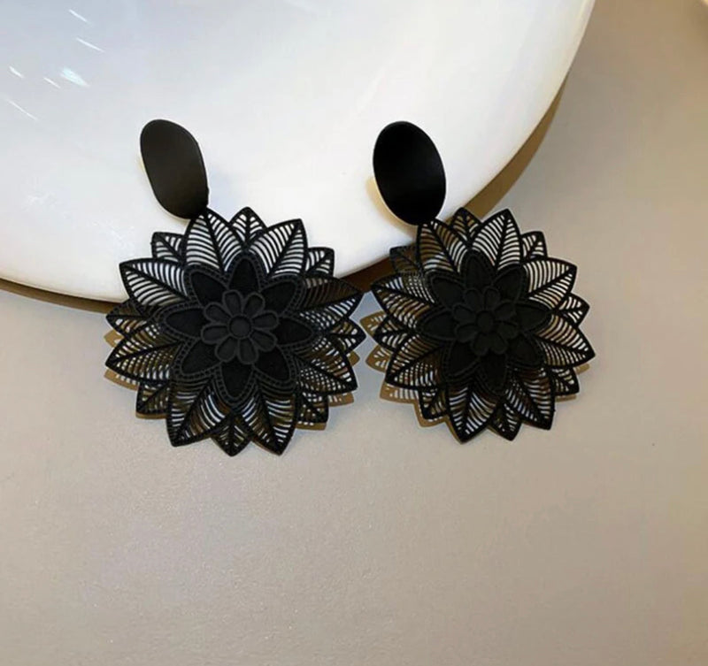 Clip on 2 1/2" black, silver or gold cutout dangle flower earrings
