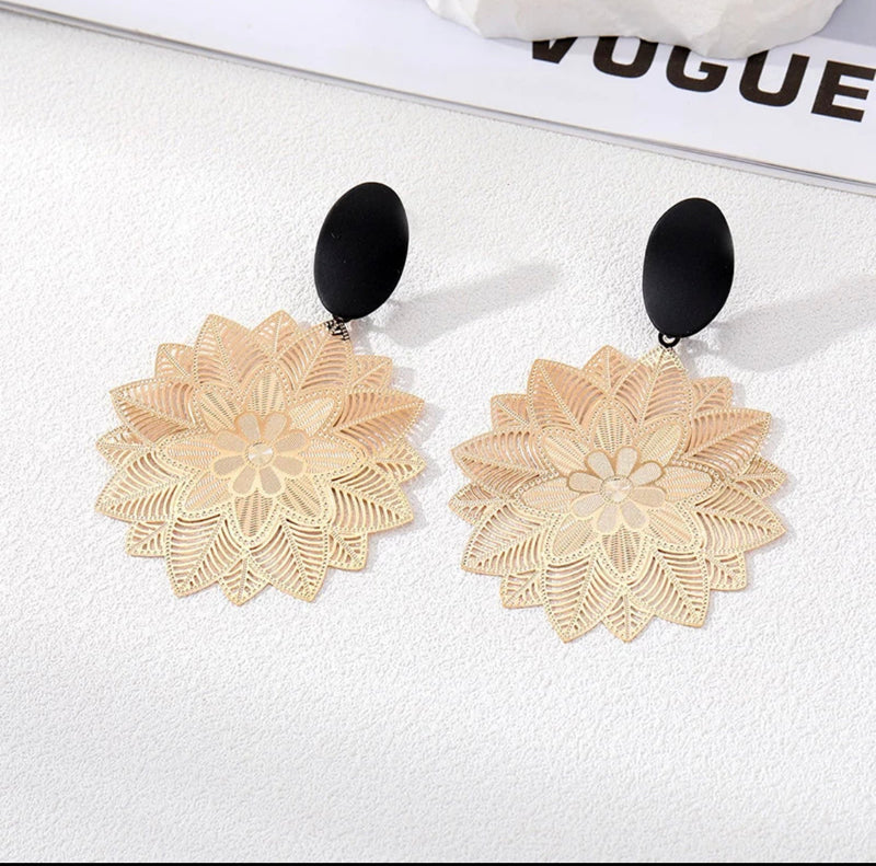 Clip on 2 1/2" black, silver or gold cutout dangle flower earrings