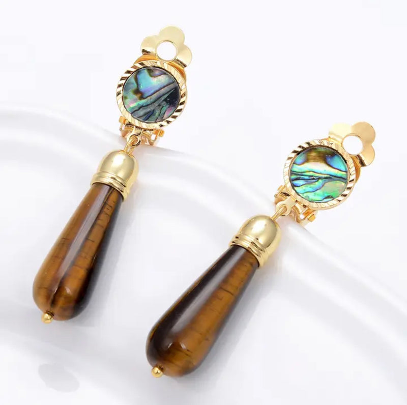 Clip on 2 1/4" gold, green abalone shell earrings with brown or black bead