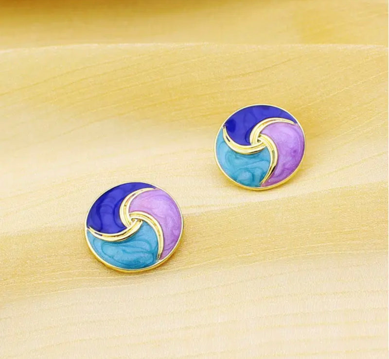 Clip on 1" gold purple, blue, turquoise swirl button style earrings