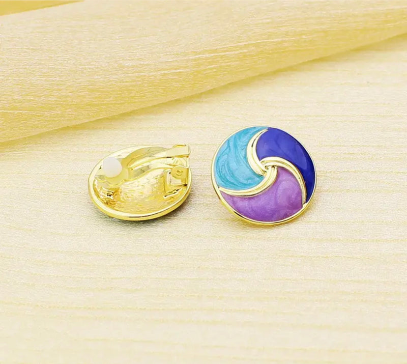 Clip on 1" gold purple, blue, turquoise swirl button style earrings