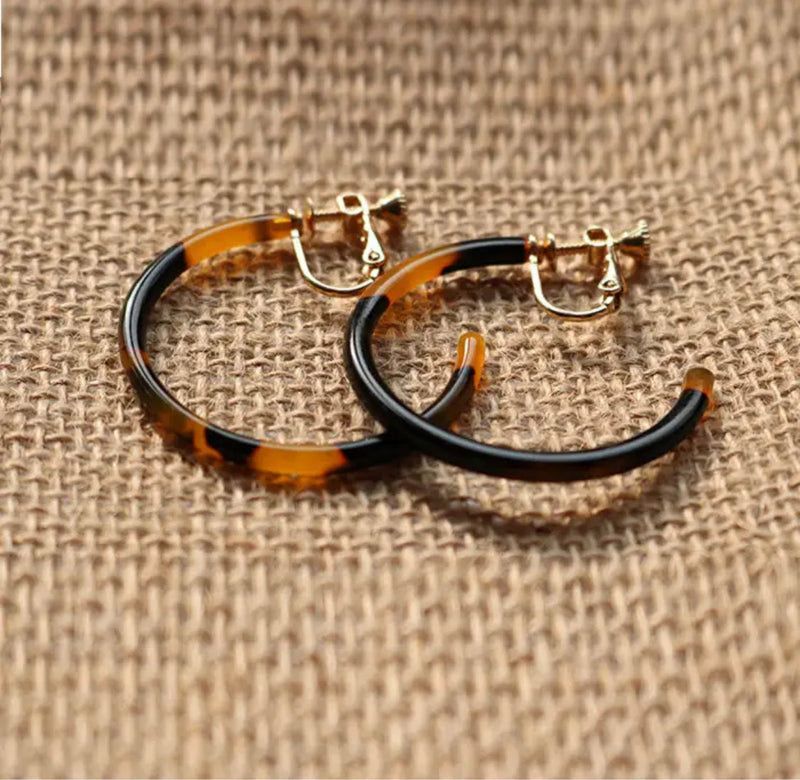 Clip on 1 3/4" gold and brown open back hoop earrings
