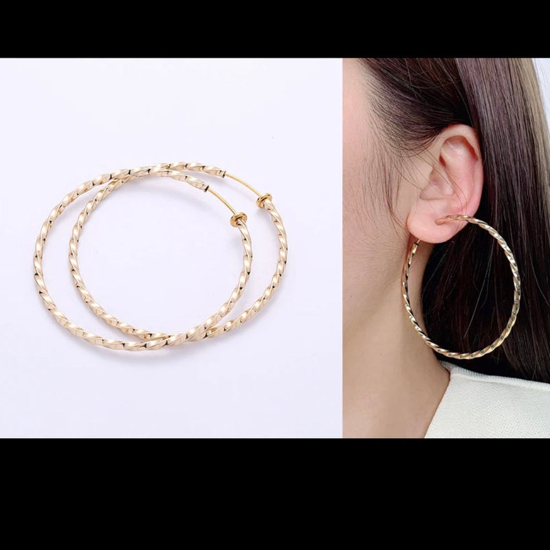 Clip on 2 1/2" gold, silver, rose or gunmetal twisted spring back hoop earrings