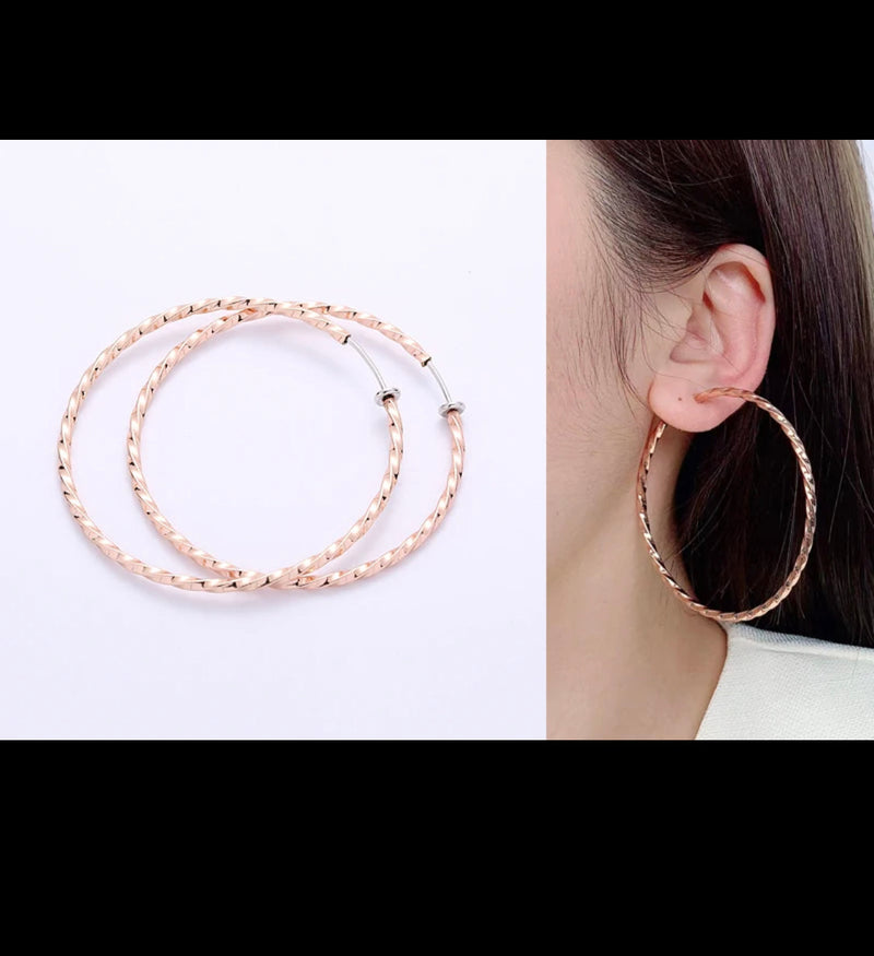 Clip on 2 1/2" gold, silver, rose or gunmetal twisted spring back hoop earrings