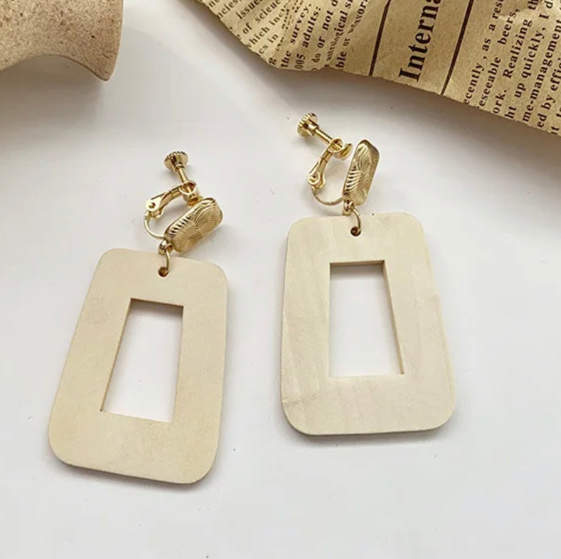 Clip on 2 1/2" gold and tan wood dangle cutout flat square earrings