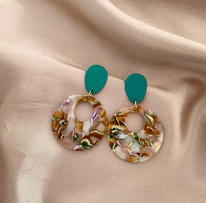 Clip on 2 1/4" turquoise and brown multi colored hoop earrings