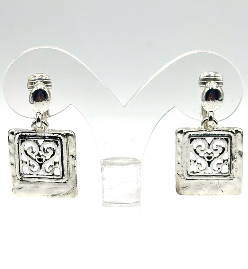 Clip on 1 1/4" silver dangle cutout center square earrings