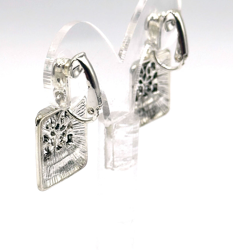 Clip on 1 1/4" silver dangle cutout center square earrings