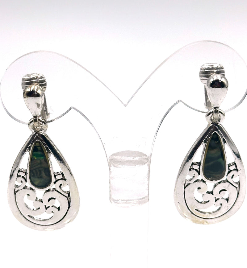 Clip on 1 3/4" silver cutout flower green abalone teardrop earrings