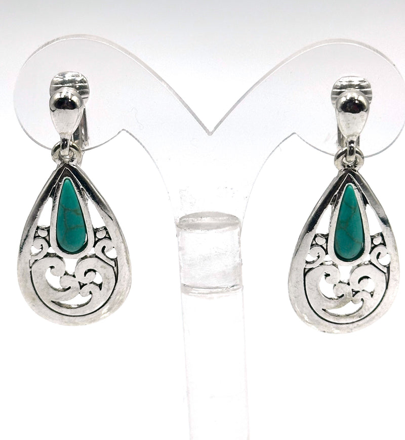 Clip on 1 3/4" silver cutout flower turquoise stone teardrop earrings