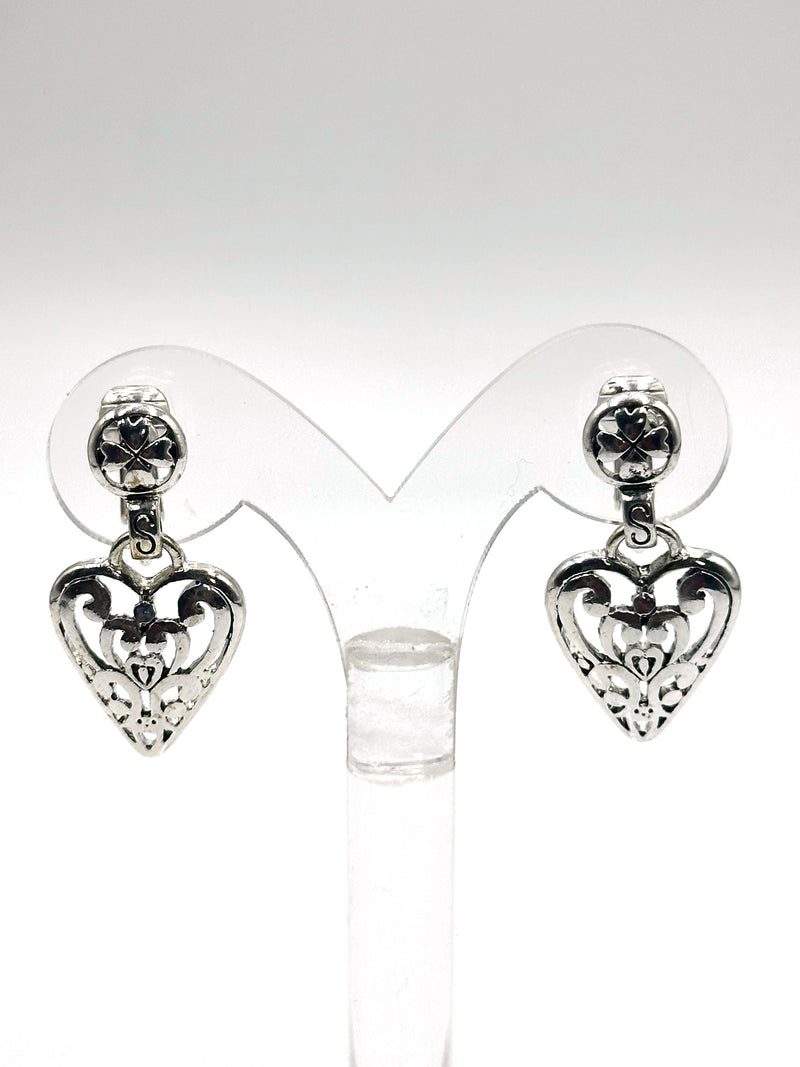 Clip on 1 1/2" silver dangle cutout heart earrings