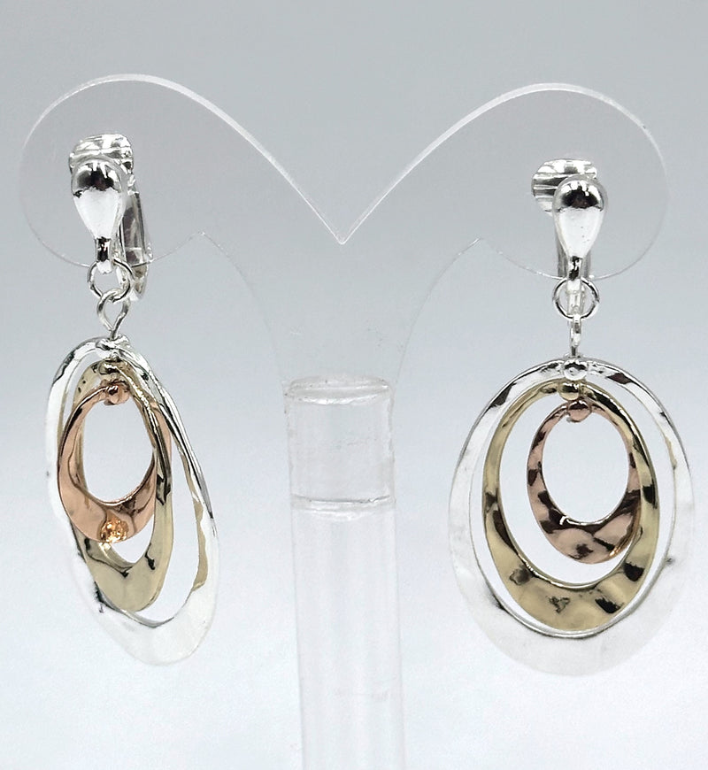 Clip on 2" silver, gold & rose three-layer dangle hammered hoop earrings