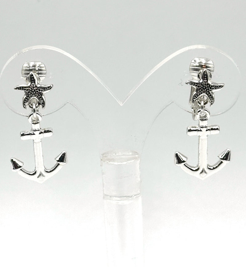 Clip on 1 1/4" silver starfish and anchor dangle earrings