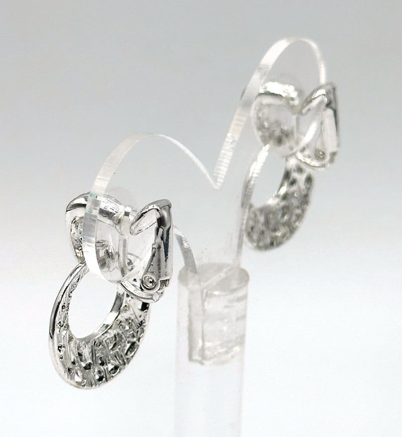 Clip on 1" small silver cutout flower dangle hoop earrings