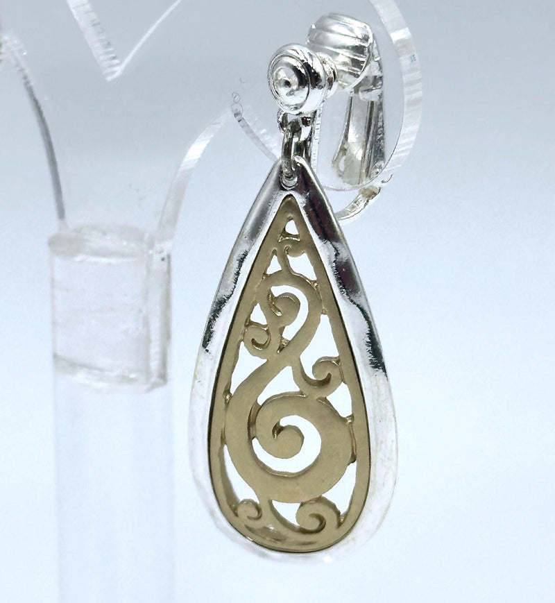 Clip on 1 3/4" matte gold and silver cutout flower teardrop earrings