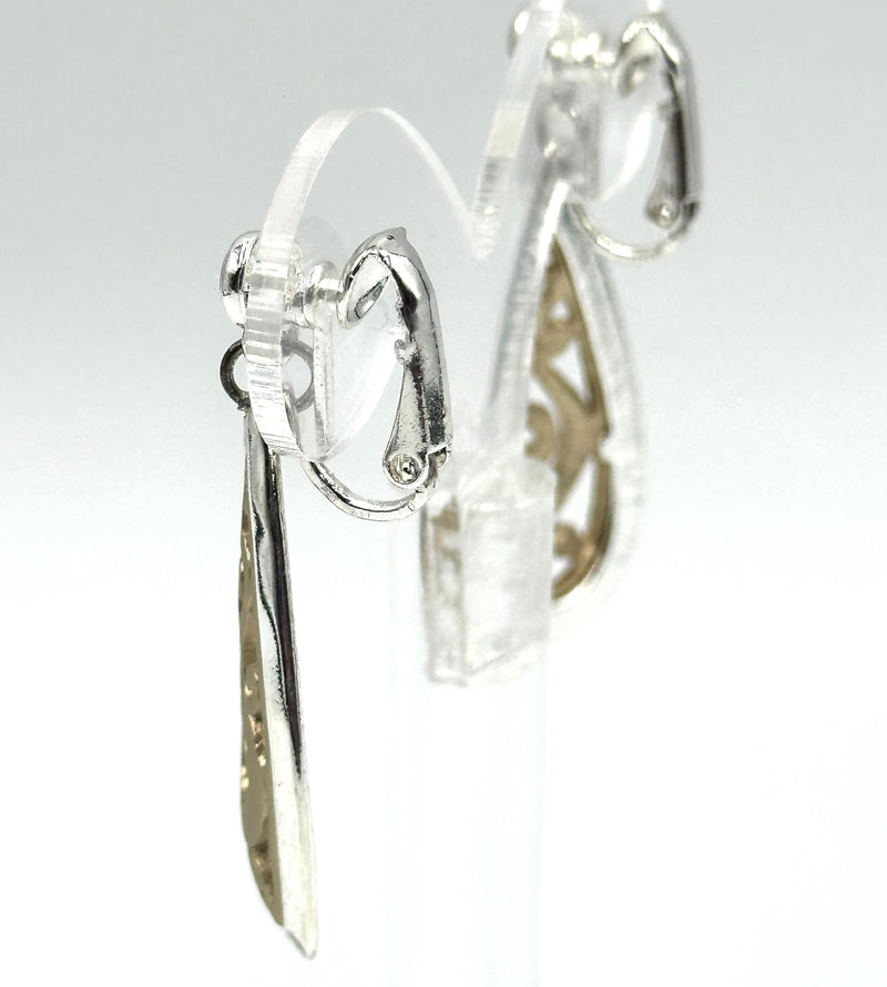 Clip on 1 3/4" matte gold and silver cutout flower teardrop earrings