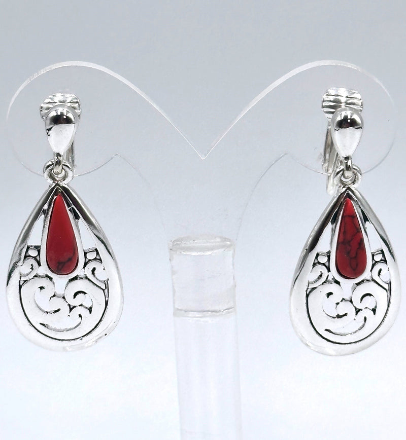 Clip on 1 3/4" silver cutout flower red stone teardrop earrings