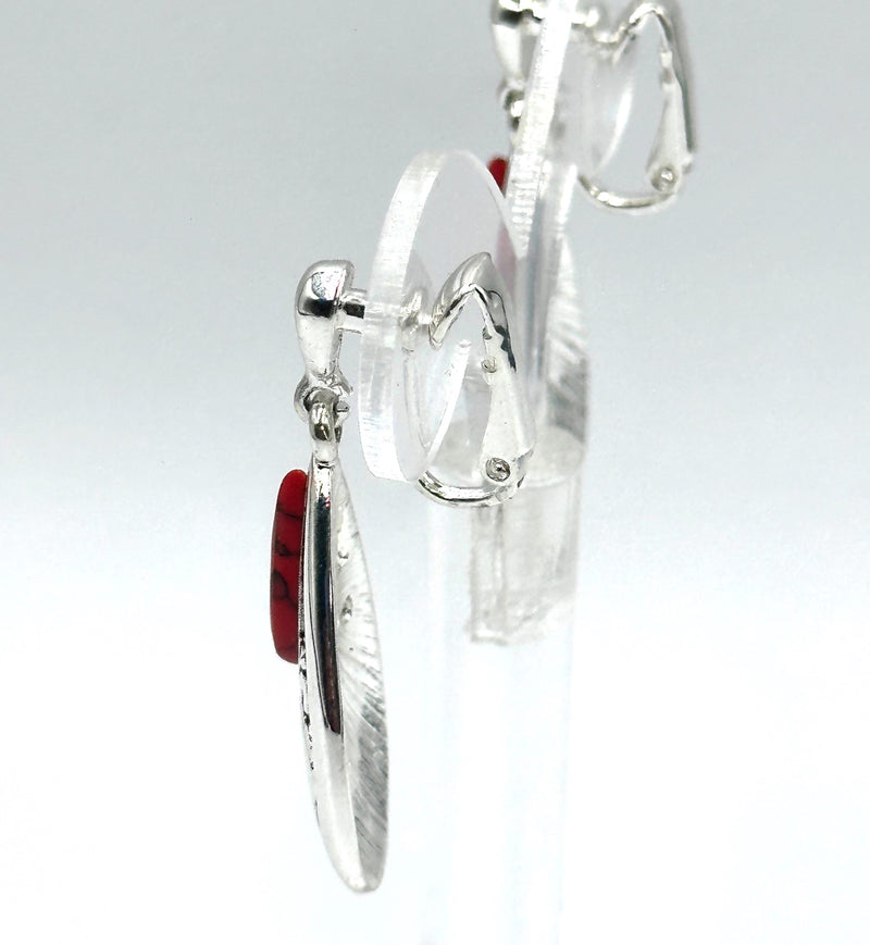 Clip on 1 3/4" silver cutout flower red stone teardrop earrings