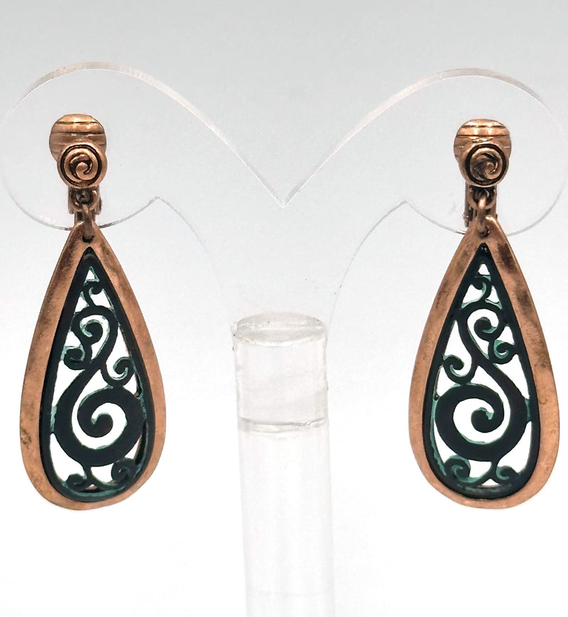Clip on 1 3/4" rose and turquoise cutout flower teardrop earrings