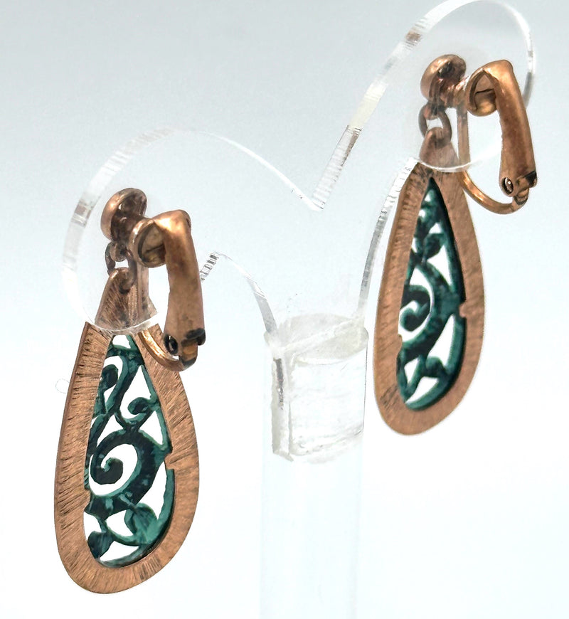 Clip on 1 3/4" rose and turquoise cutout flower teardrop earrings