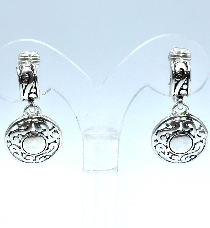 Clip on 1 3/4" silver cutout flower green abalone teardrop earrings