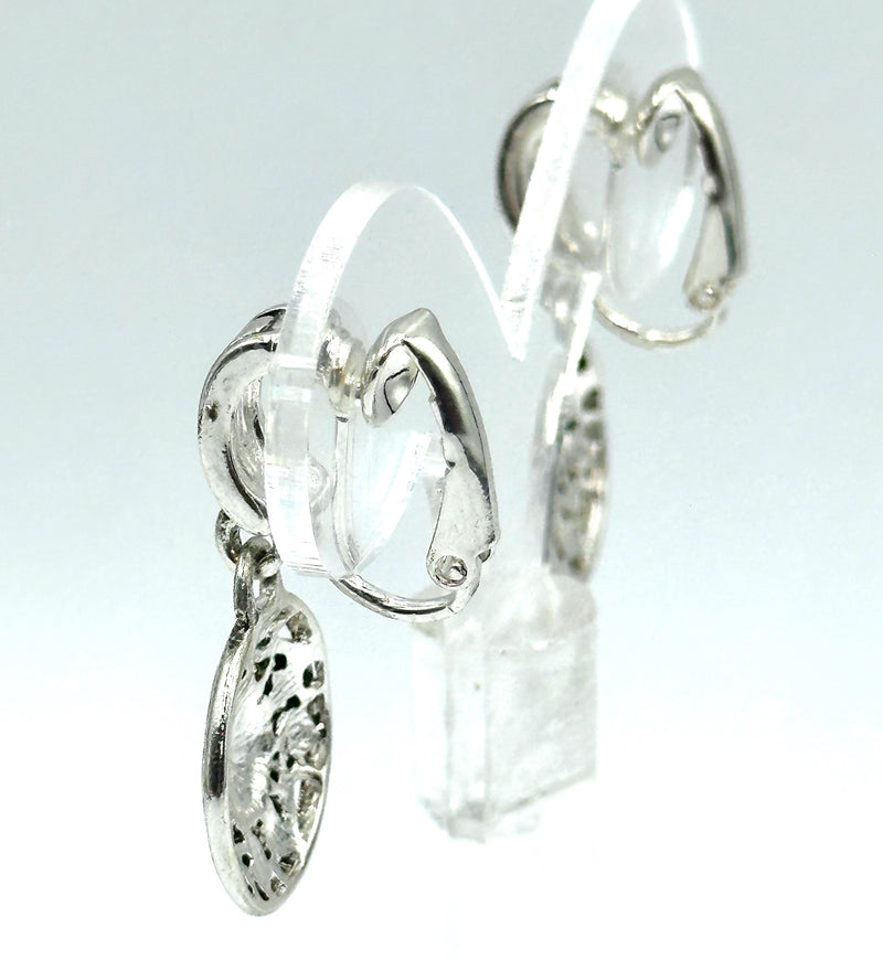 Clip on 1 1/4" small silver cutout dangle circle earrings