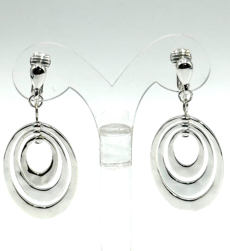 Clip on 2" silver three-layer dangle hammered hoop earrings
