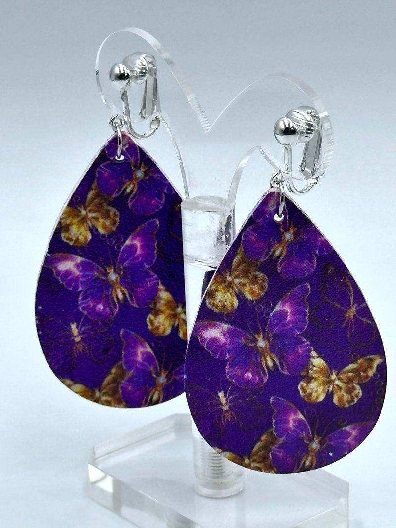 Clip on 2 3/4" silver & purple pleather multi-colored butterfly earrings