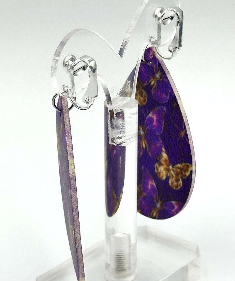 Clip on 2 3/4" silver & purple pleather multi-colored butterfly earrings