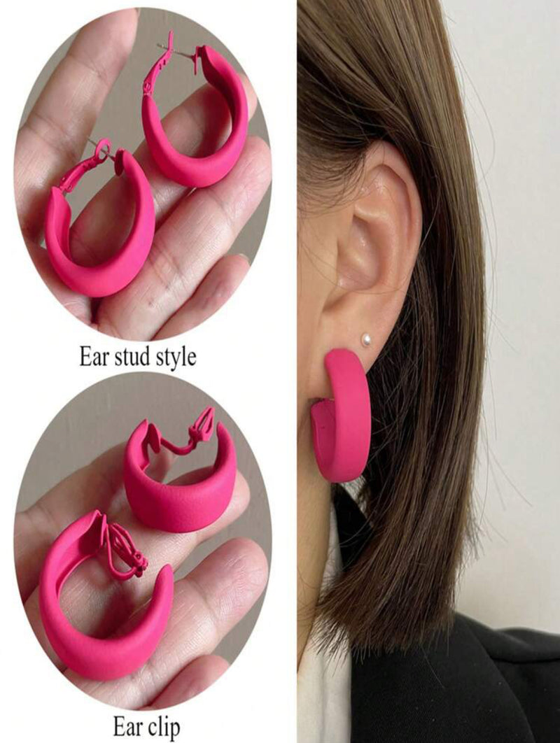Clip on 1 1/4" pink wide flat open back hoop earrings