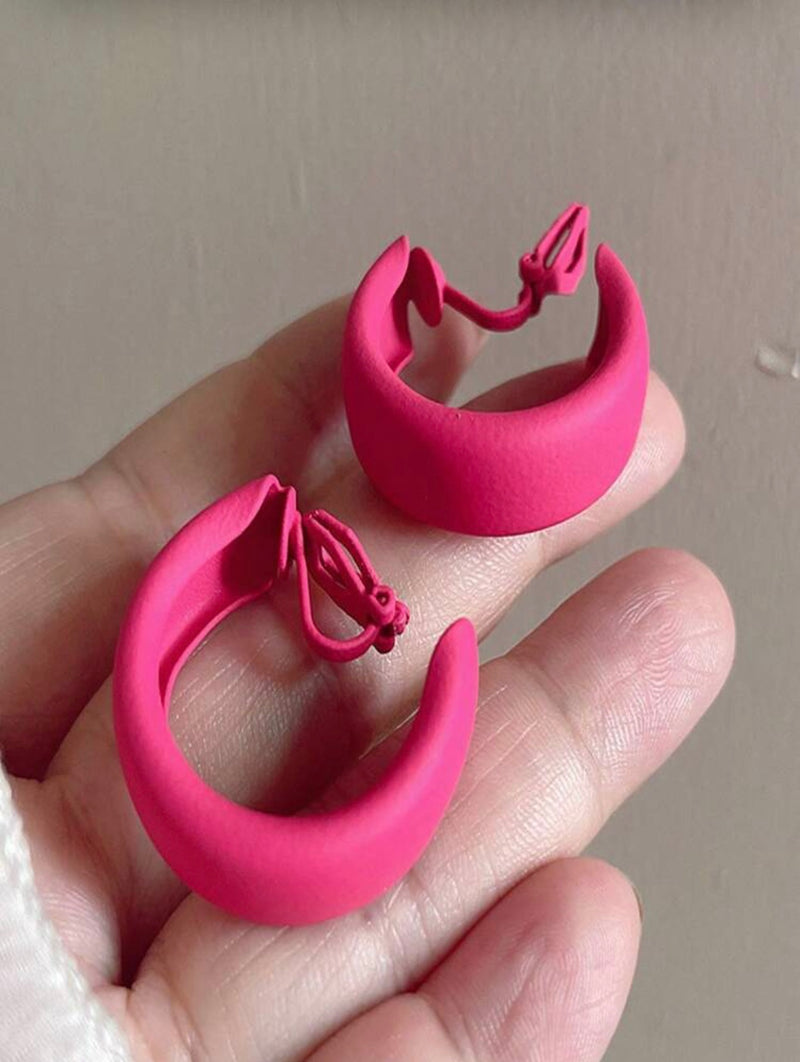 Clip on 1 1/4" pink wide flat open back hoop earrings