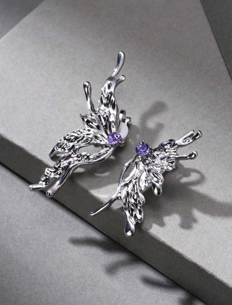 Clip on 2" silver punk style earrings with purple center stone