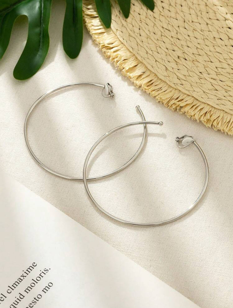 Trendy 3 1/4" XL clip on silver thin wire open back hoop earrings