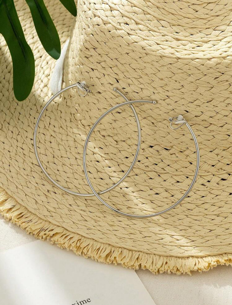 Trendy 3 1/4" XL clip on silver thin wire open back hoop earrings