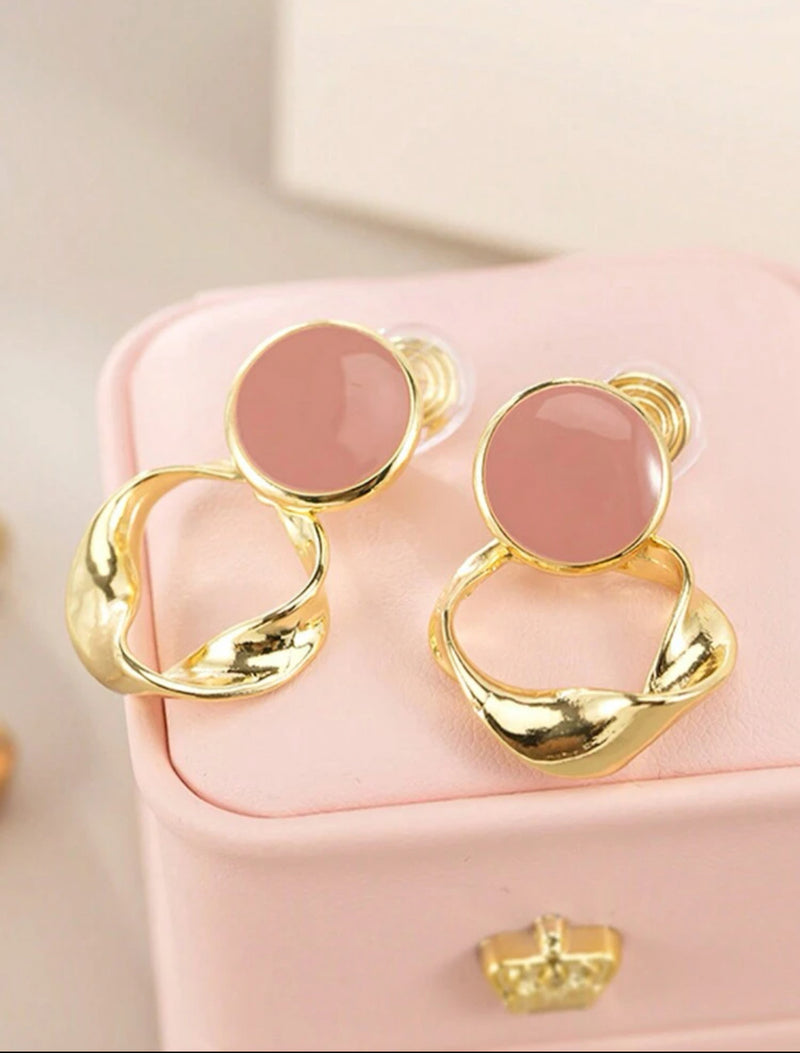 Comfort clasp 1 1/2" clip on gold hoop earrings w/pink top