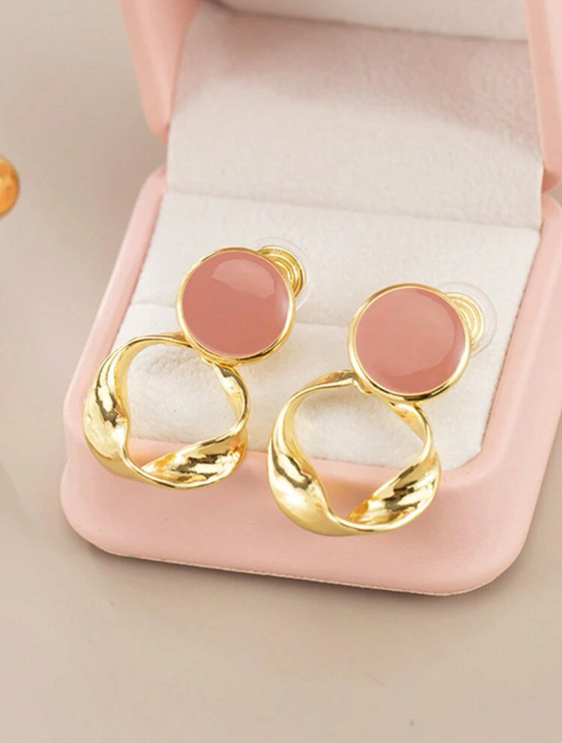 Comfort clasp 1 1/2" clip on gold hoop earrings w/pink top