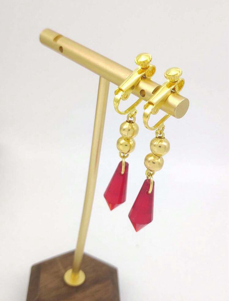 Clip on 2" gold bead earrings with dangle red pointed bead