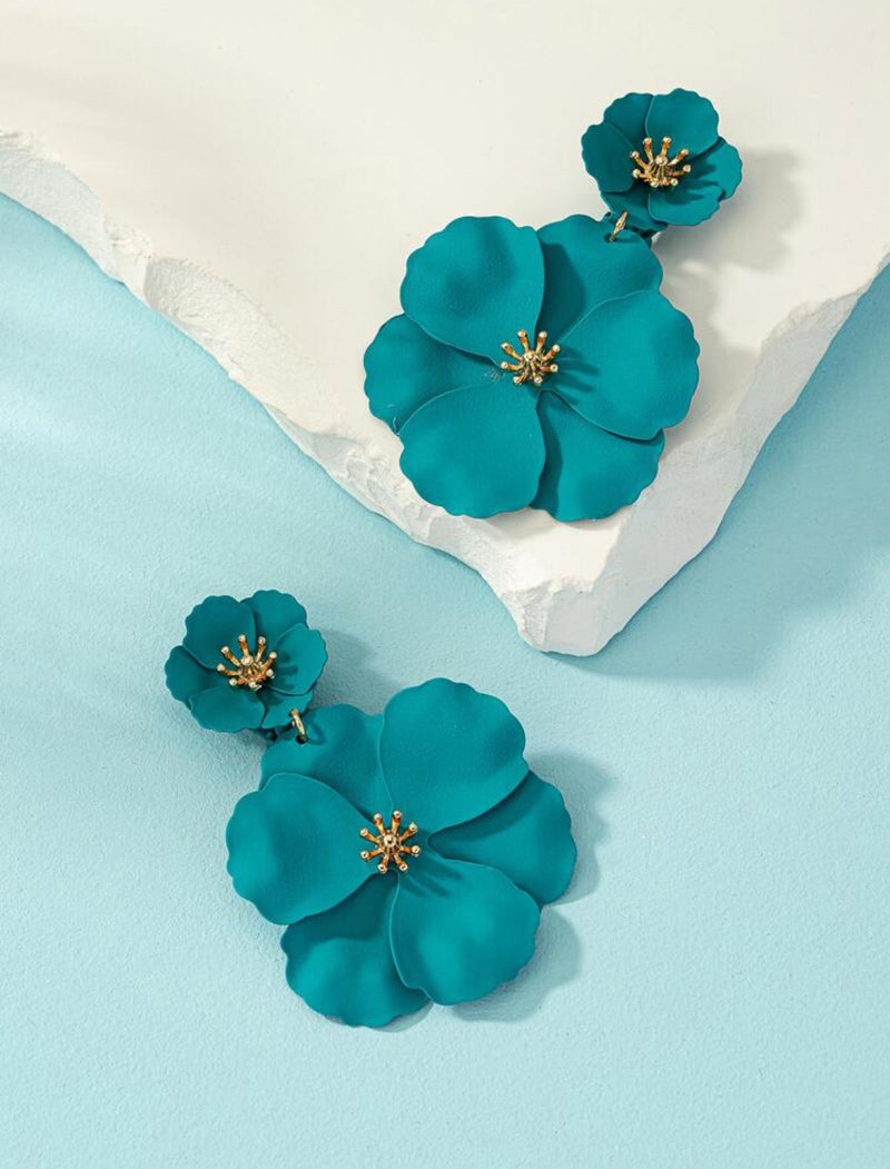 Clip on 2 3/4" gold and turquoise double flower dangle earrings