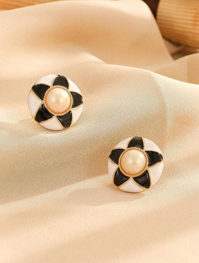 Clip on 1" gold, white, black button earrings with center pearl