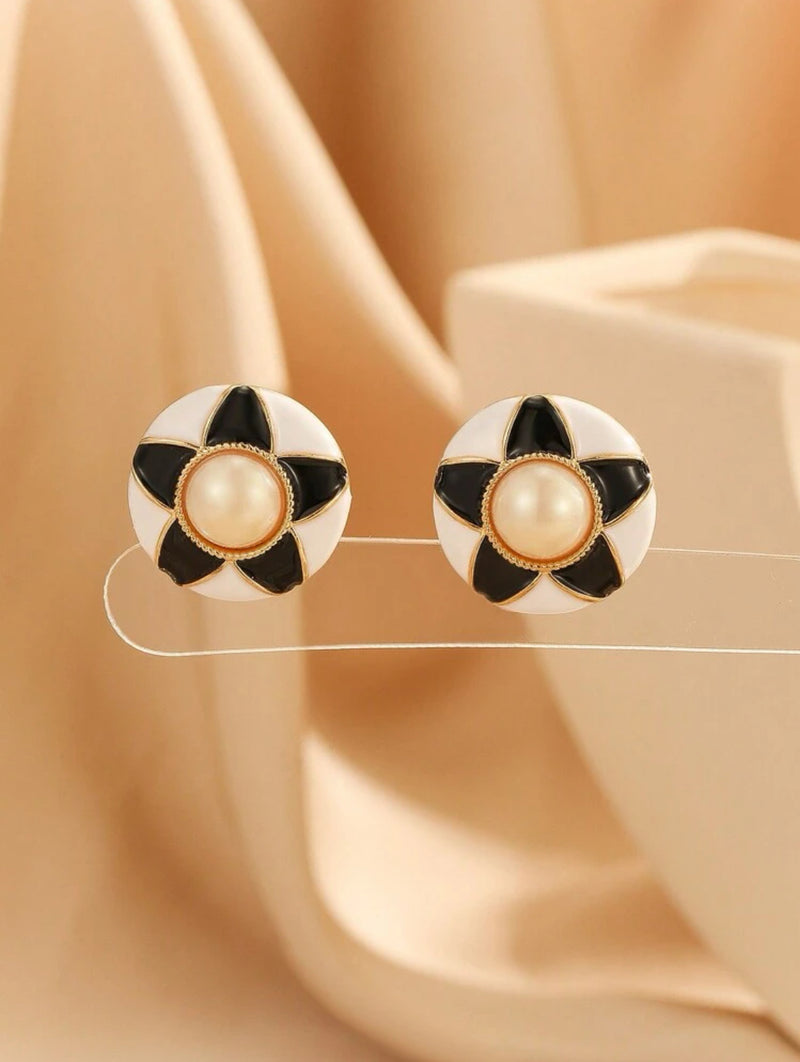 Clip on 1" gold, white, black button earrings with center pearl