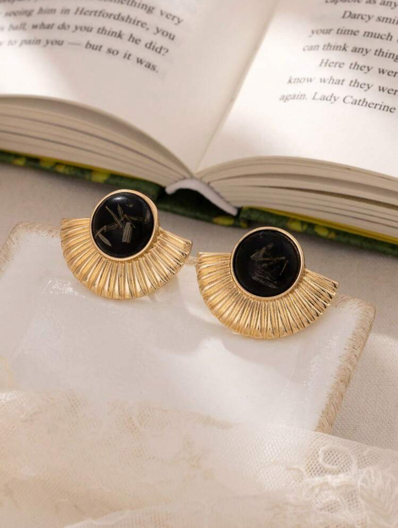 Clip on 1 1/2" gold and black stone fan button style earrings