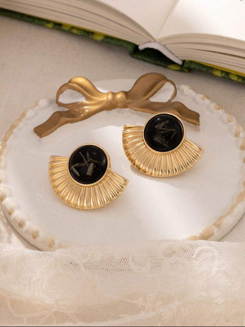 Clip on 1 1/2" gold and black stone fan button style earrings