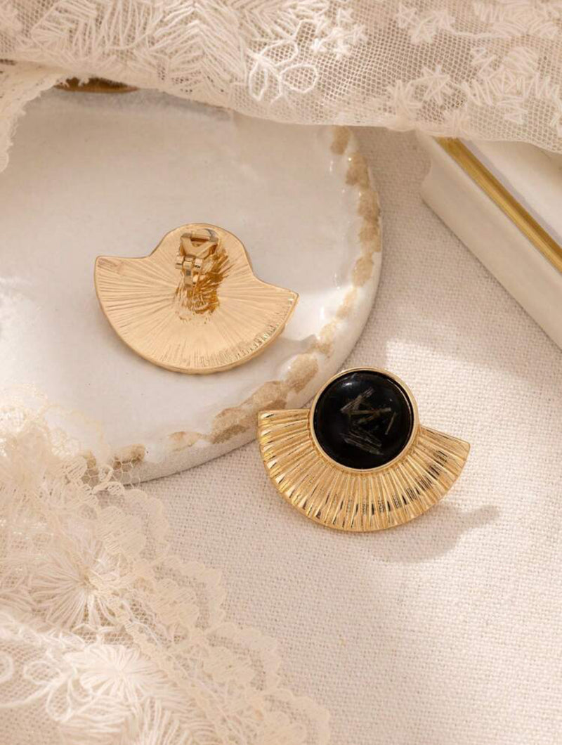 Clip on 1 1/2" gold and black stone fan button style earrings