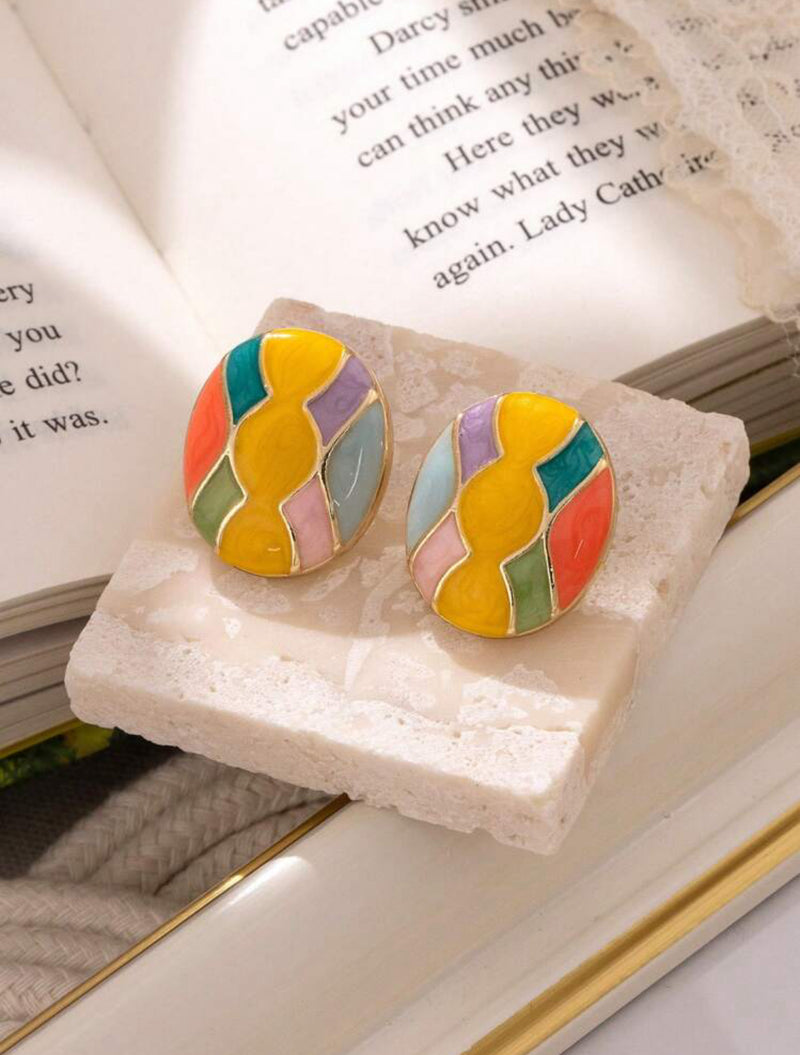 Clip on 1" gold and yellow multi colored oval button style earrings