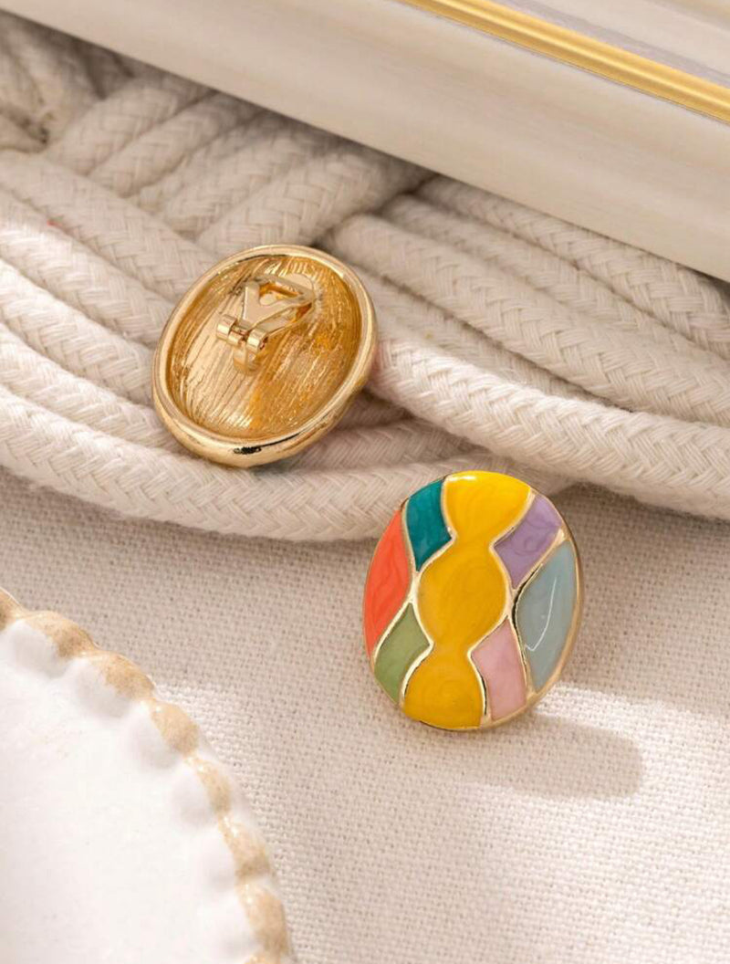 Clip on 1" gold and yellow multi colored oval button style earrings