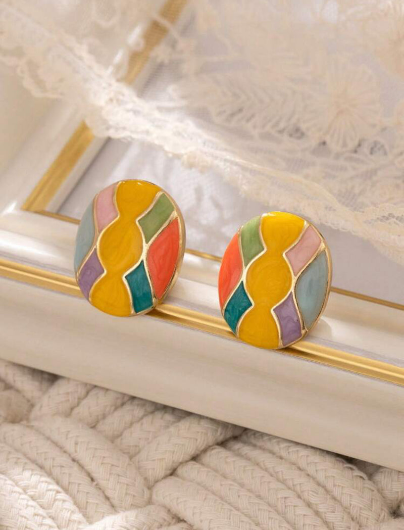 Clip on 1" gold and yellow multi colored oval button style earrings