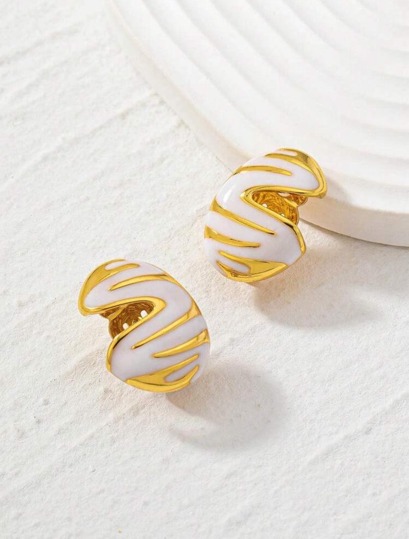 Clip on 1 1/4" gold and white zebra print cutout button style earrings